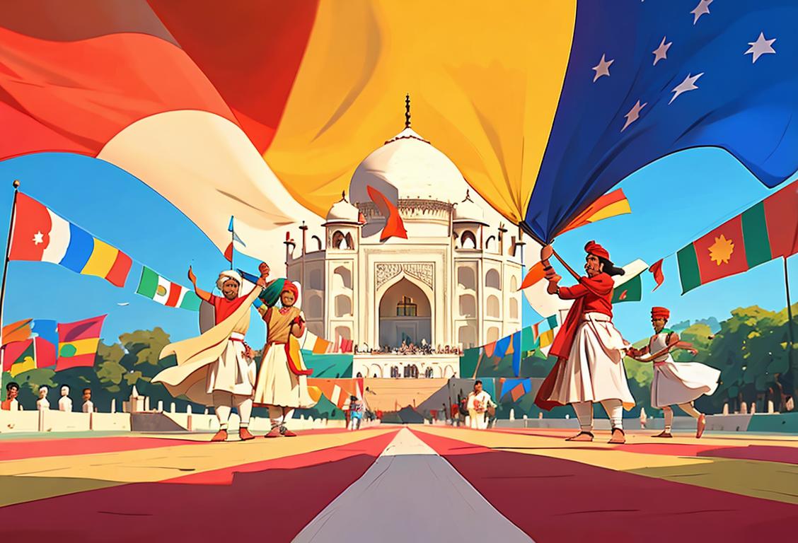 A diverse group of people waving Indian flags, dressed in traditional Indian attire, with iconic landmarks in the background..
