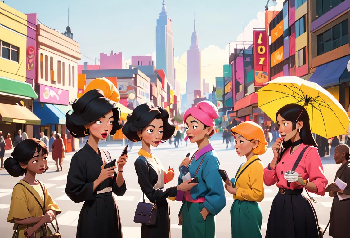 A diverse group of people of different ages and ethnicities, happily talking on colorful telephones, wearing modern clothing and surrounded by a bustling city backdrop..