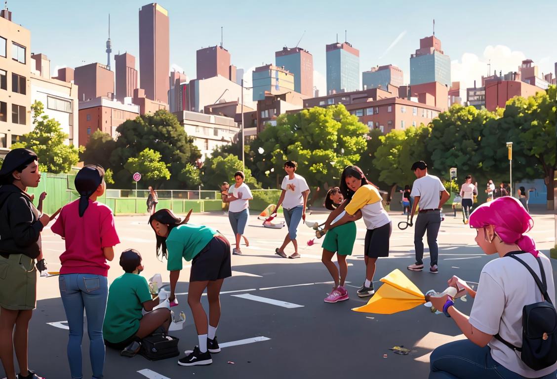 A diverse group of young people in casual attire, engaged in community service activities, surrounded by a vibrant urban cityscape..