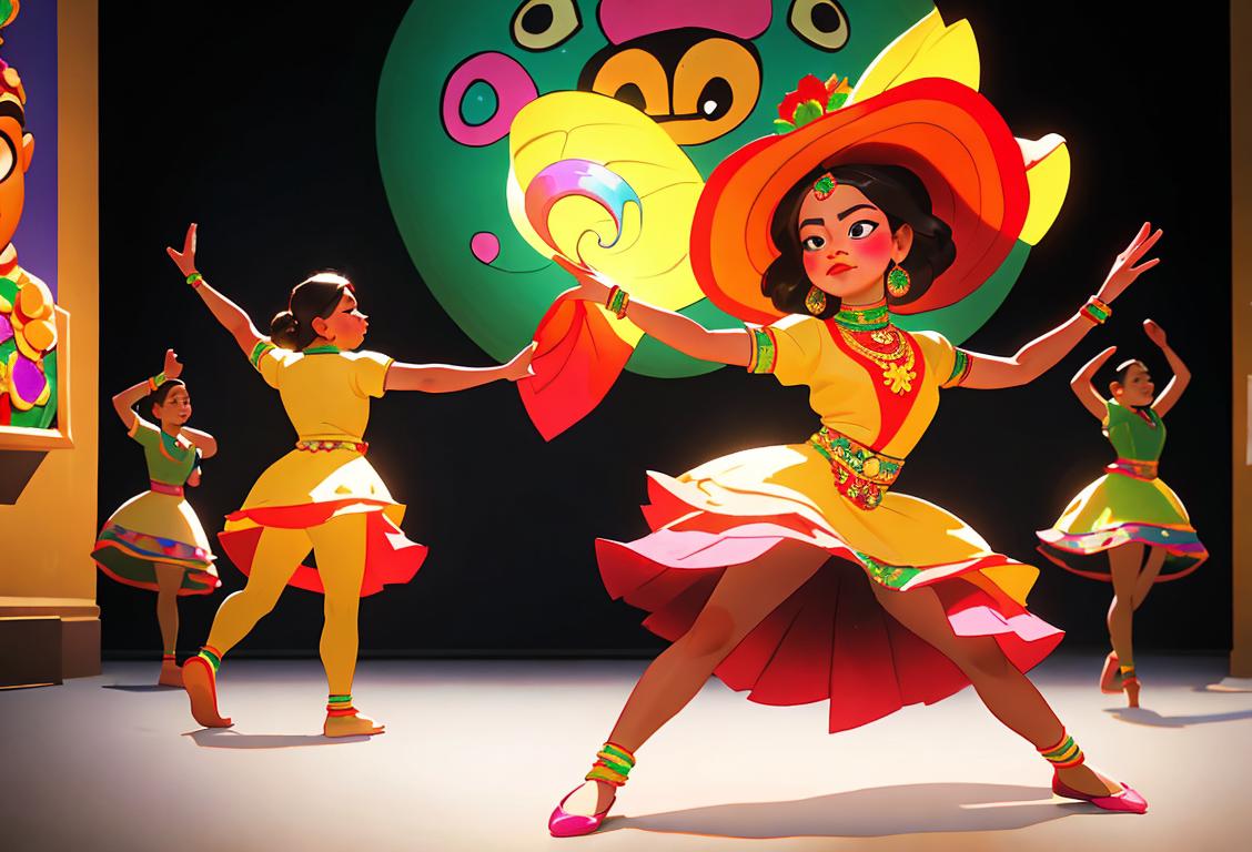 Brightly colored traditional Mexican dance costumes, festive decorations, and lively music playing amid a backdrop of Chicago landmarks..