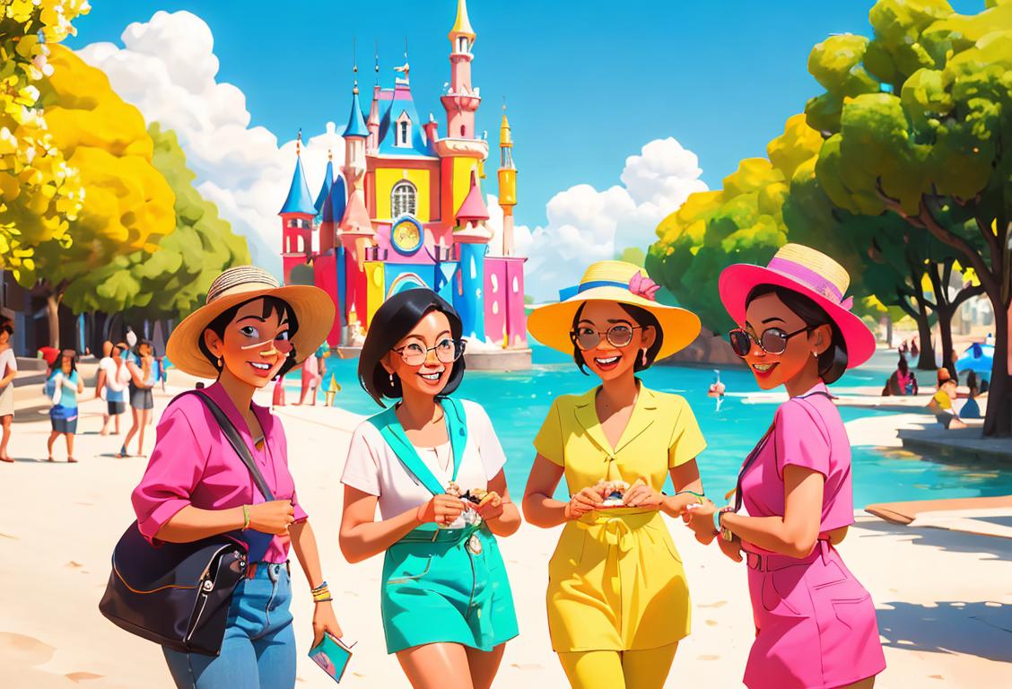 A group of diverse travelers, wearing colorful summer outfits, exploring different famous landmarks around the world, with a cheerful travel advisor leading the way..