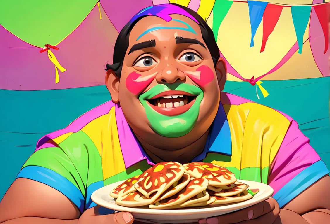 A cheerful person enjoying a pupusa with various fillings, wearing a colorful sarape, celebratory fiesta atmosphere..