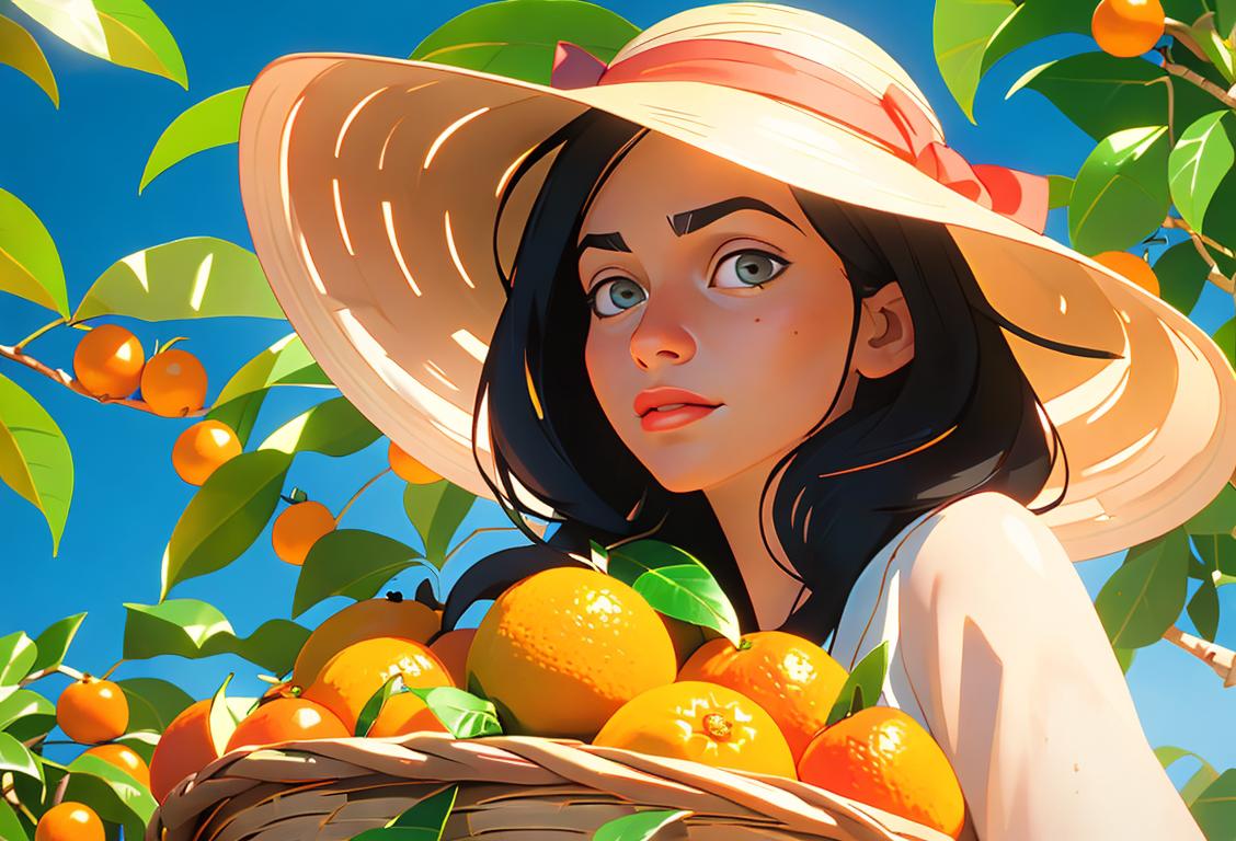 Vibrant image of a person holding a basket full of citrus fruits, wearing a sun hat, surrounded by lush greenery and a sunny garden..