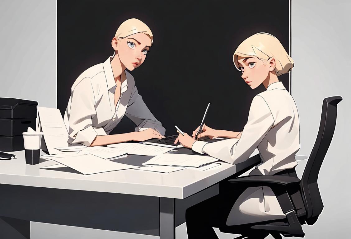 A person sitting at a clean desk, wearing a tidy outfit, minimalist fashion, surrounded by organized digital files..