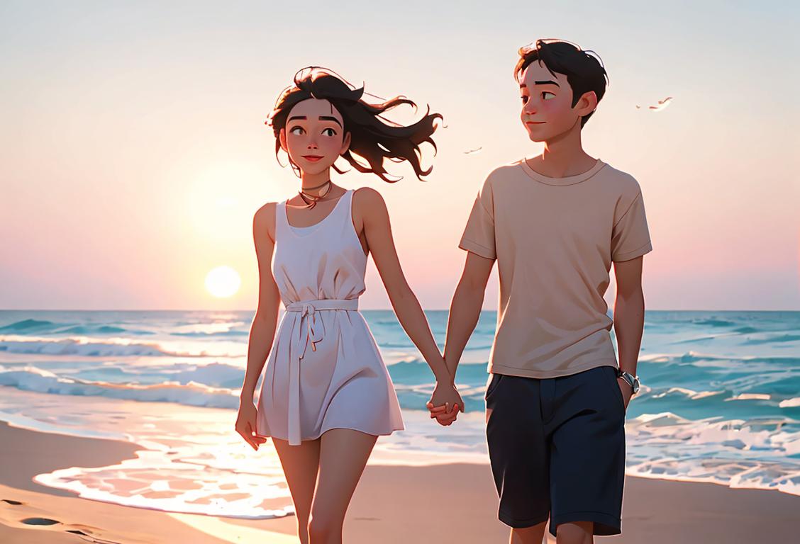 Happy couple outdoors, holding hands, beach scene, summery clothing, gentle breeze, sun setting in the background..