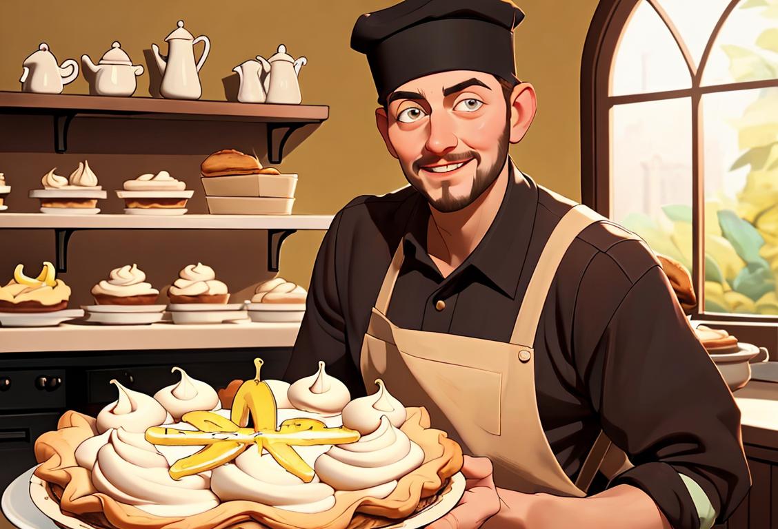 Happy male baker holding a beautifully decorated banana creme pie, wearing a chef's hat and apron, in a cozy bakery setting..