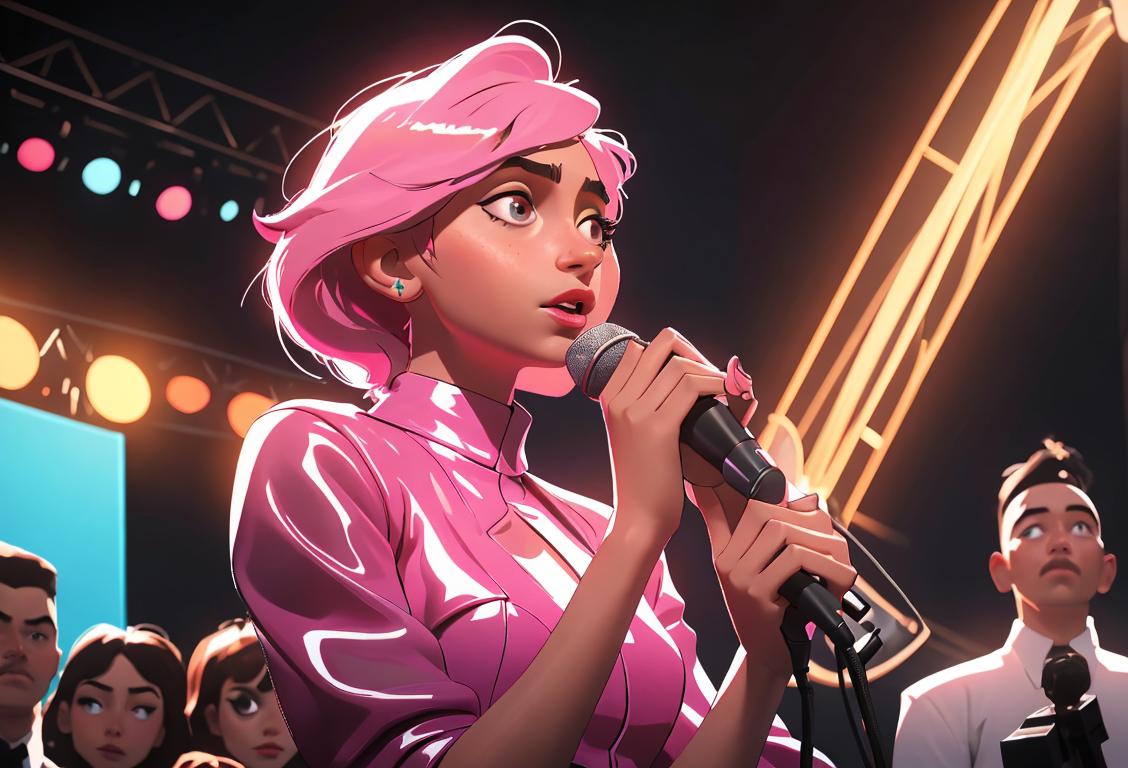 Young woman wearing a stylish outfit, holding a microphone, surrounded by bright lights and a crowd, capturing the essence of National Alexa Demie Day..