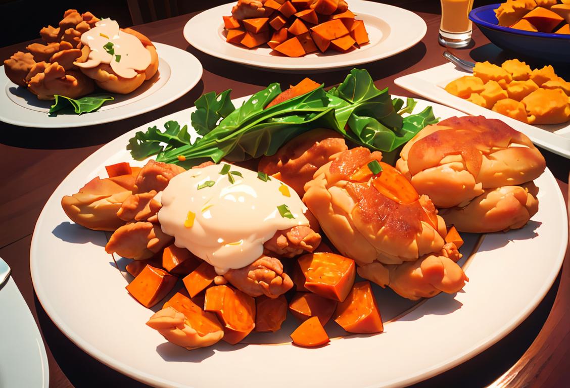 A family gathered around a table filled with dishes like fried chicken, cornbread, collard greens, and sweet potato pie, showcasing the rich and flavorful cuisine of the American South..