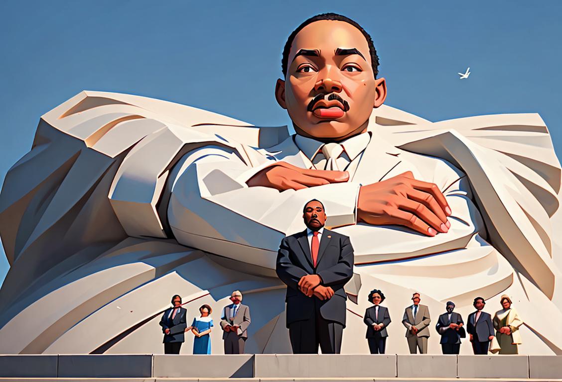 A diverse group of people of different ages and ethnicities, dressed in smart attire, standing together in front of national monuments to honor MLK's legacy..