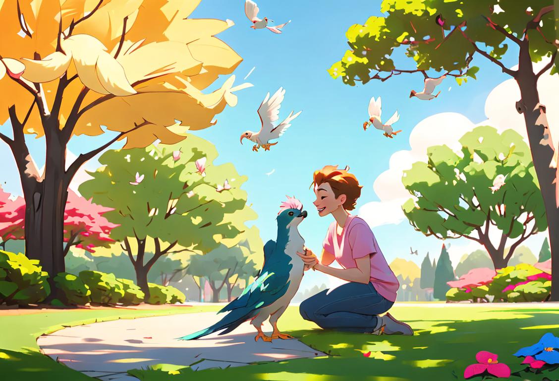 Happy pet parents with their furry, scaly, and feathery friends, wearing casual outdoor clothes, park setting with greenery and sunshine..