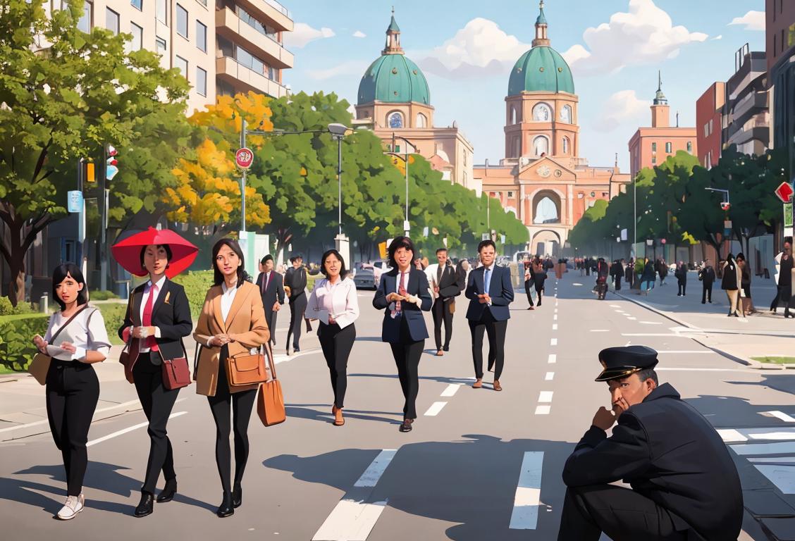 A diverse group of people, dressed in modern attire, commemorating National news every Day. A mix of urban and natural landscapes in the background..