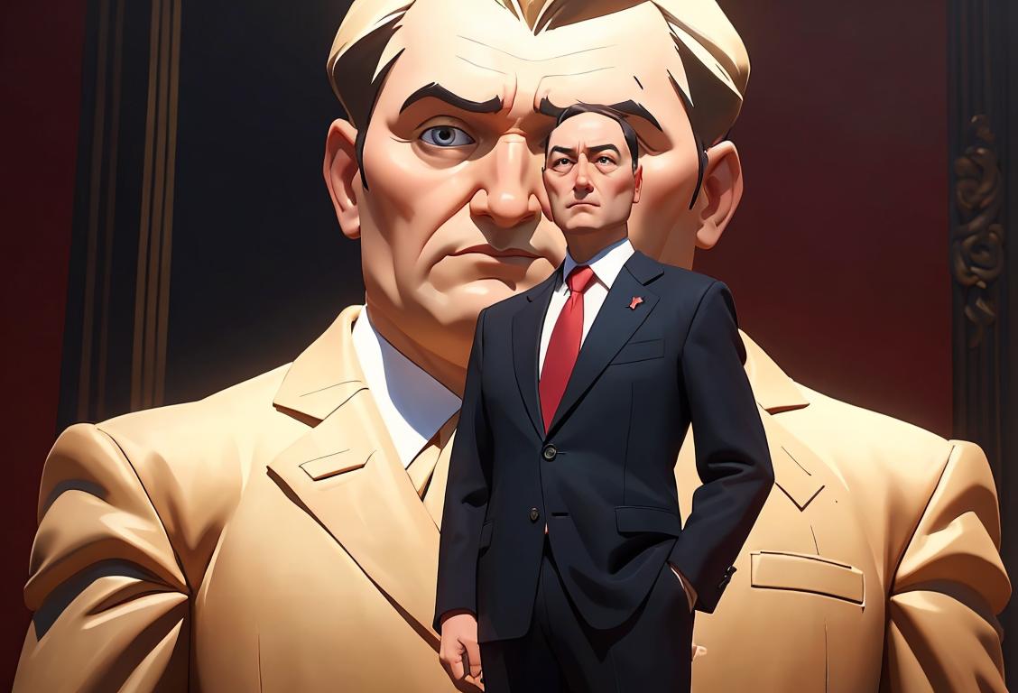 A mature national leader in a suit, standing confidently in front of a backdrop symbolizing their country's culture and heritage..