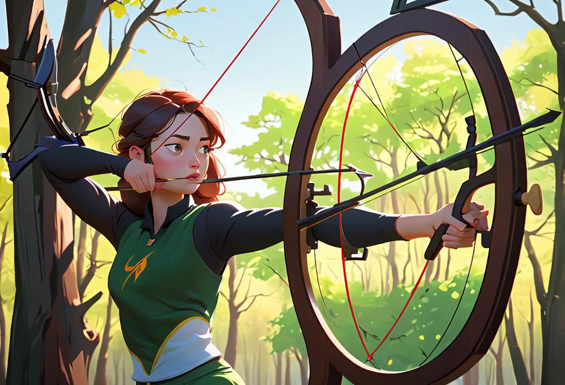 Young woman shooting a bow and arrow, wearing athletic clothing, outdoor forest setting..