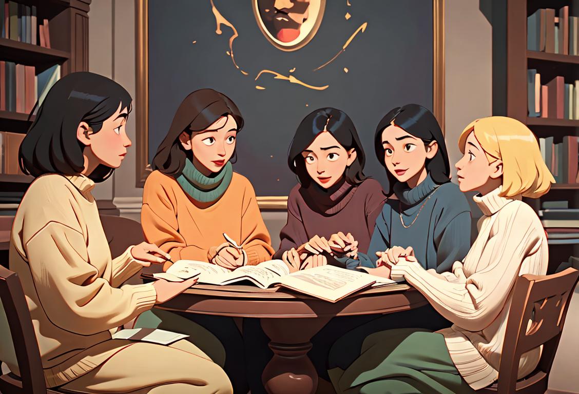 Group of diverse individuals sitting in a circle, wearing cozy sweaters, surrounded by books and holding hands while sharing captivating stories..