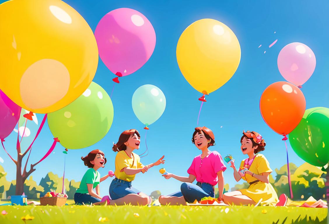 A joyful group of people wearing colorful clothing, having a picnic in a sunny park with vibrant balloons floating in the air..