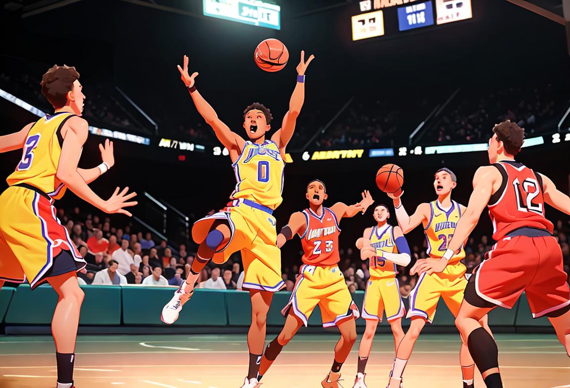 A group of energetic basketball players in brightly colored jerseys competing in an intense game, surrounded by cheering fans and a scoreboard in the background..