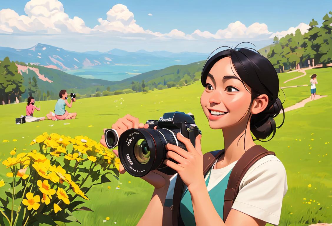 Happy individuals in summer attire exploring a majestic national park landscape, capturing stunning views and memories with their cameras.