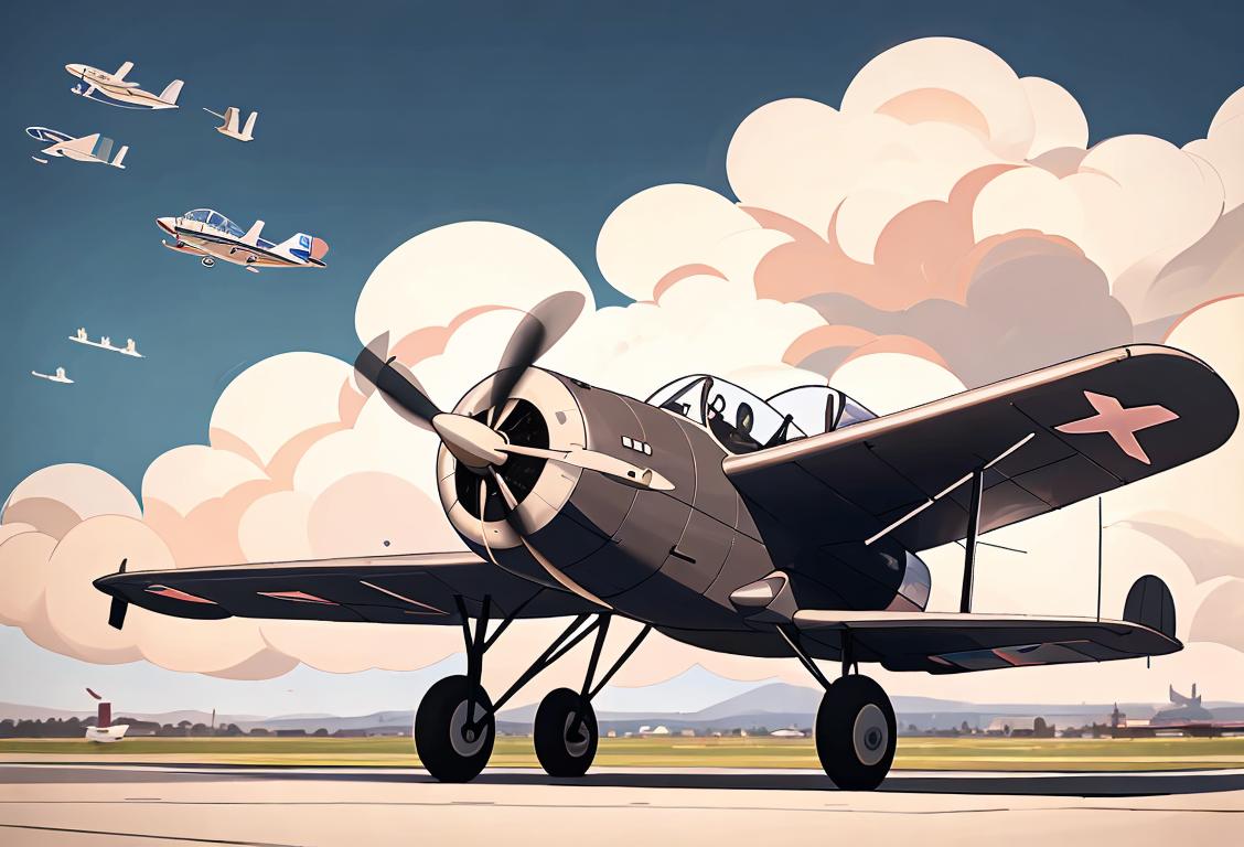 A group of diverse people in pilot uniforms, vintage aviation posters in the background, retro airport setting..