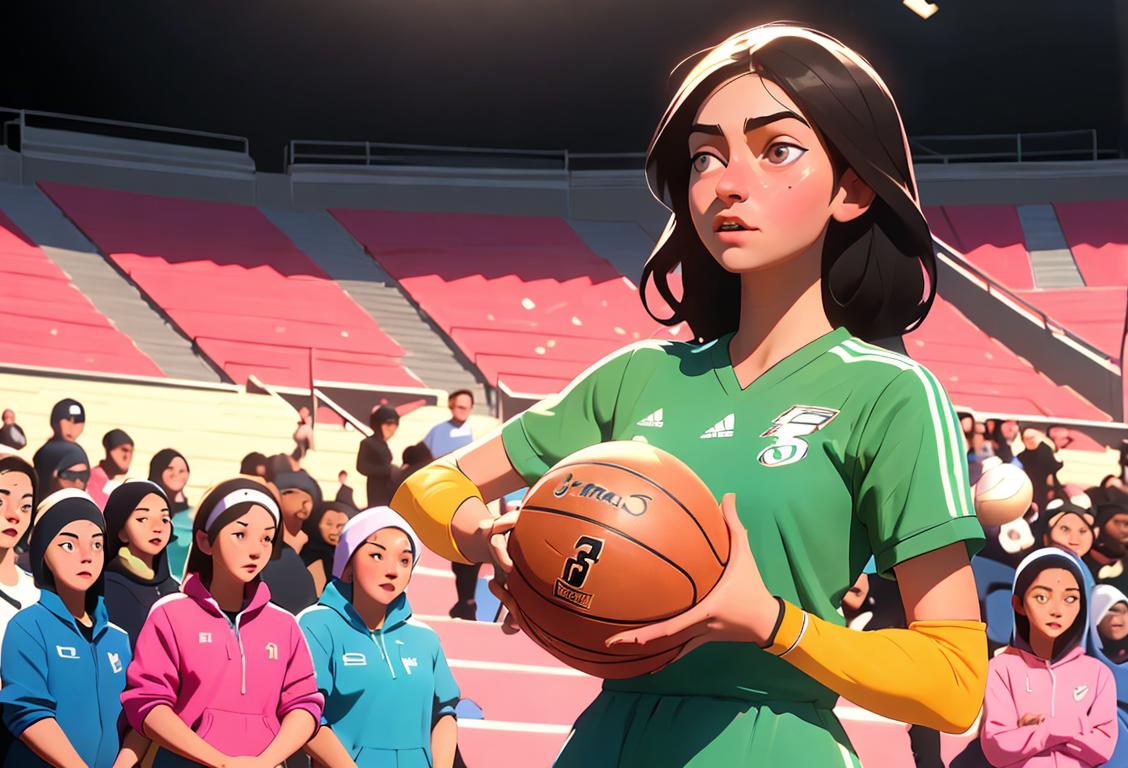 Young girl in athletic attire, holding a basketball and soccer ball, standing in a stadium surrounded by cheering crowd..