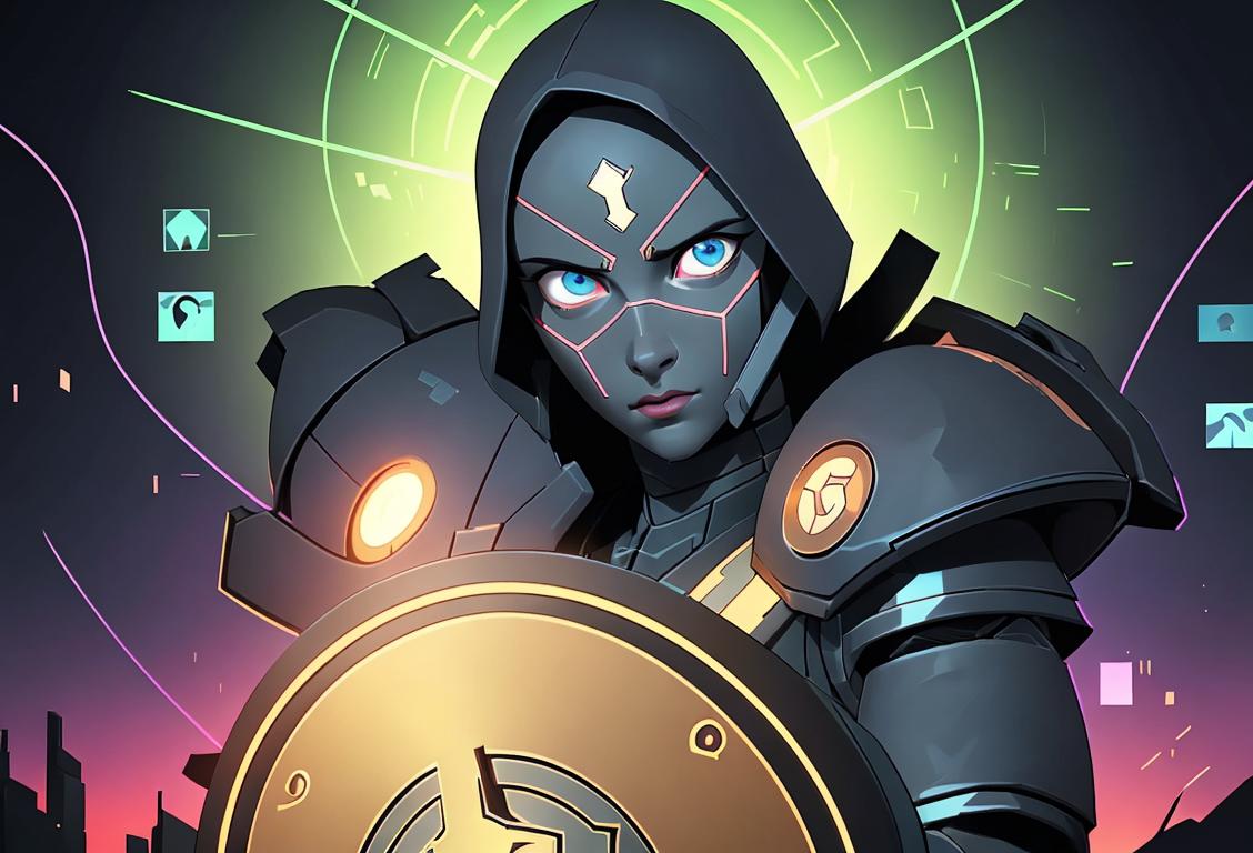 Illustration of a person wearing virtual armor, holding a shield with cybersecurity symbols, surrounded by a glowing digital landscape..
