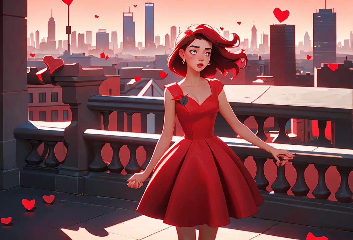 Young women wearing red dresses, holding hands, surrounded by hearts, urban city skyline in the backdrop..