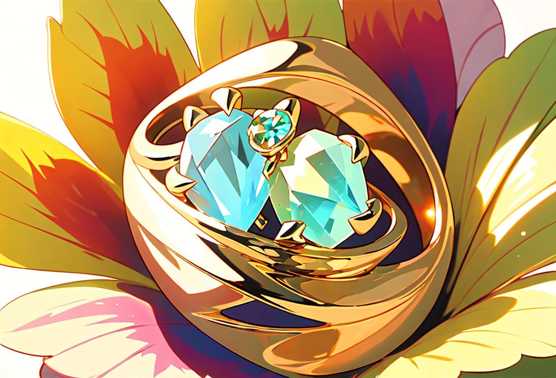 Close-up of an elegant hand showcasing a stunning diamond ring, shimmering in the sunlight, surrounded by a bouquet of colorful flowers..