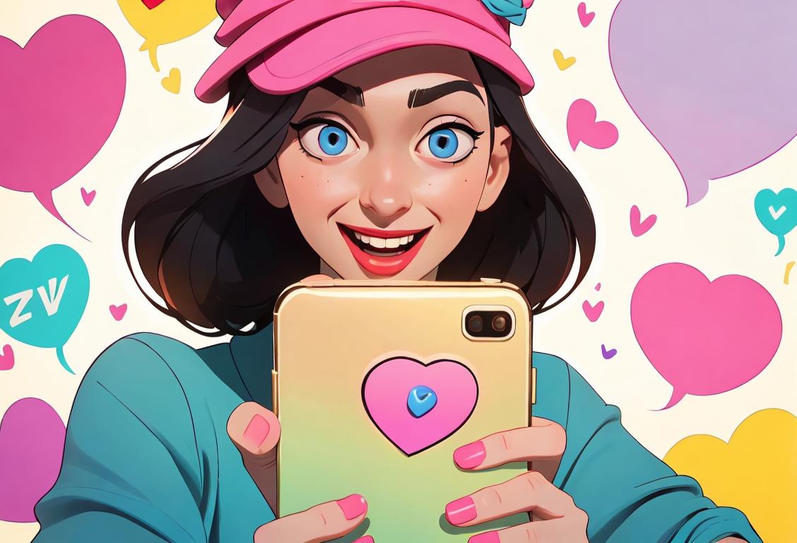 A joyful person holding a smartphone, wearing a trendy hat, surrounded by hashtags and heart-shaped emojis..