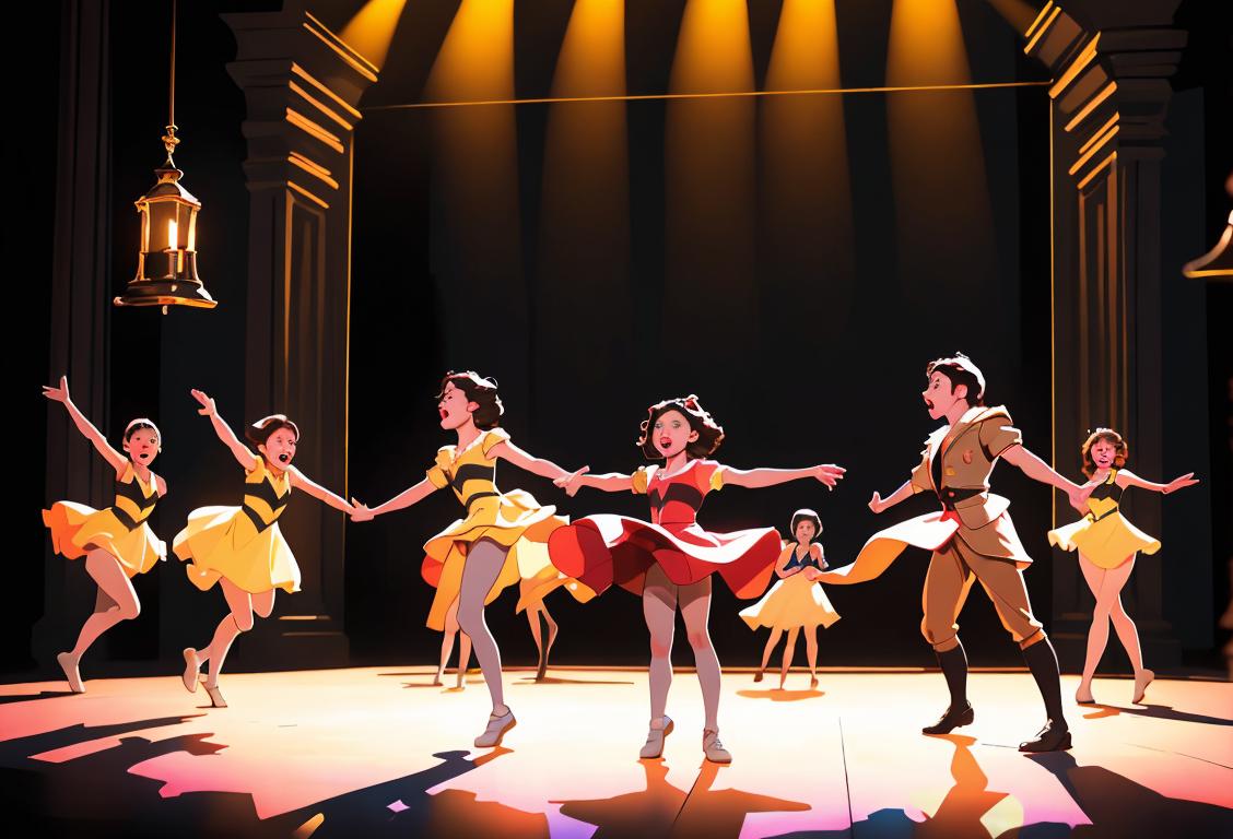 Young actors performing a vibrant and energetic scene on a beautifully lit stage, classic costumes, theater setting..