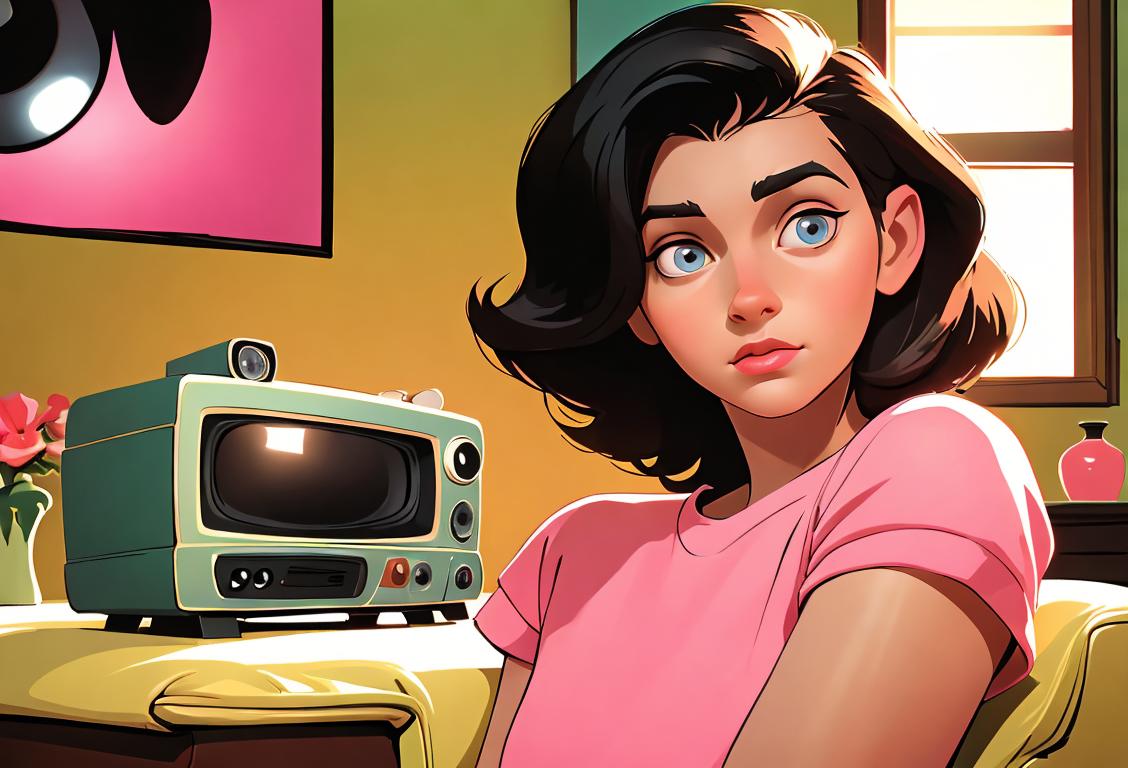 Young woman watching an old TV, wearing retro clothes, 80s style living room with vintage decor..