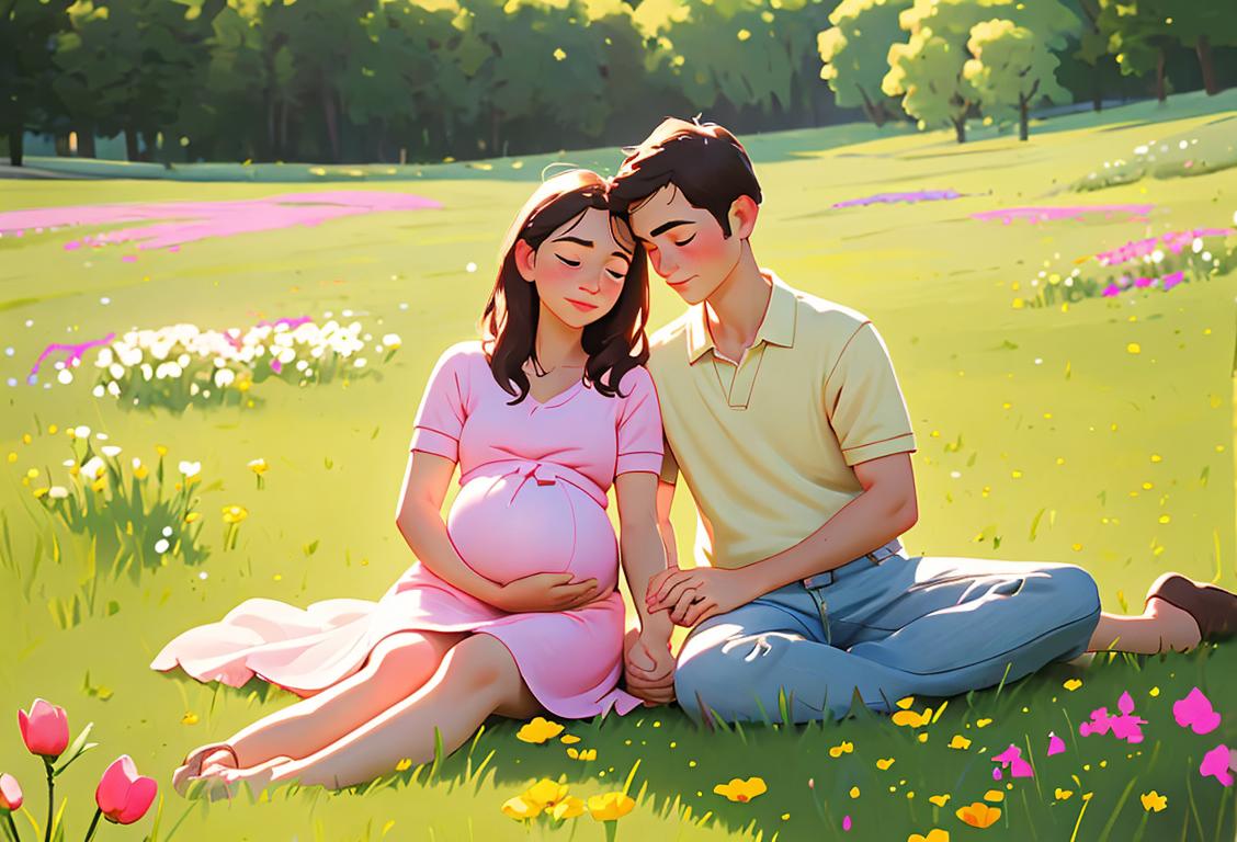Young couple holding hands, surrounded by a peaceful meadow with blooming flowers, dressed in casual and comfortable clothing, reminiscent of a warm and loving environment..