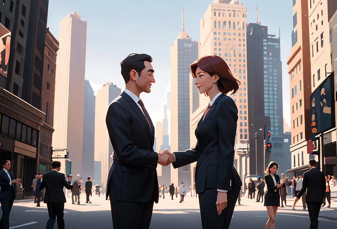 Two people shaking hands, one in business attire and the other in casual clothing, in a bustling city street with skyscrapers in the background..