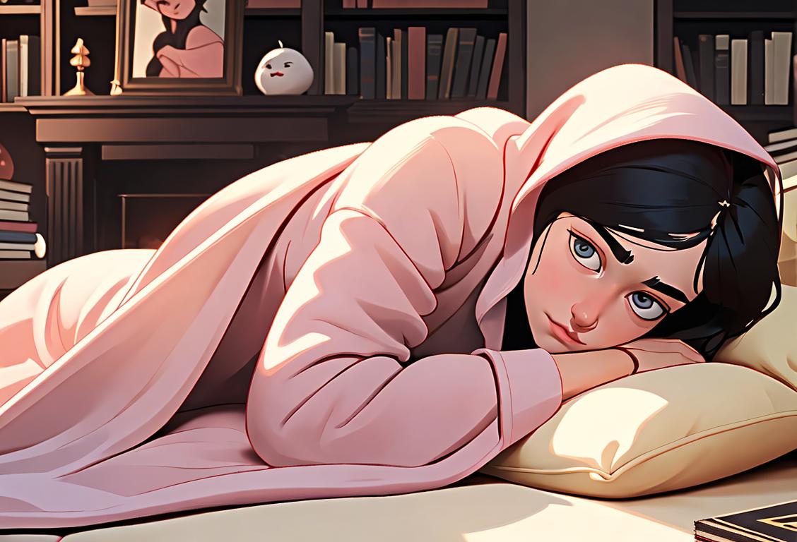 A cozy living room scene with someone snuggled under a blanket, surrounded by books, wearing comfortable pajamas..