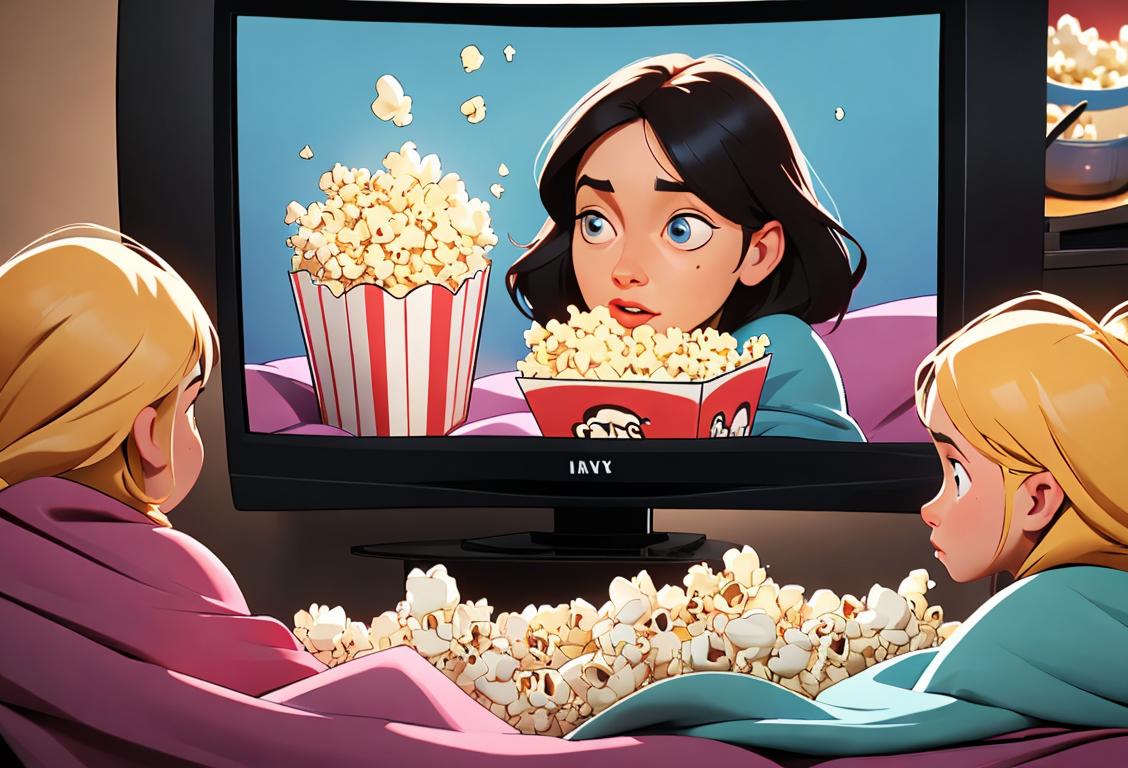 Group of diverse individuals watching a television show with excitement, surrounded by popcorn and cozy blankets..