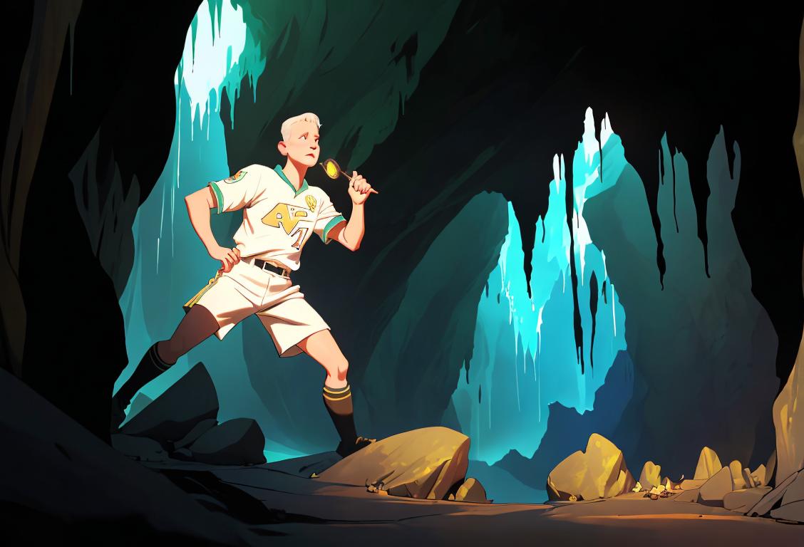Young man named Jim White wearing a sports jersey, holding a flashlight, exploring a dark cave filled with stalactites..