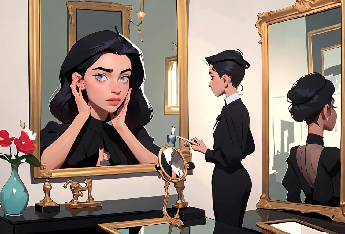 Young individual admiring their reflection in a mirror, wearing fashionable attire, urban cityscape in the background, celebrating National Narcissism Day..