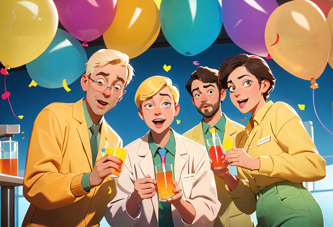 A cheerful group of coworkers wearing lab coats and holding urine specimen cups, with colorful balloons and confetti in the background..