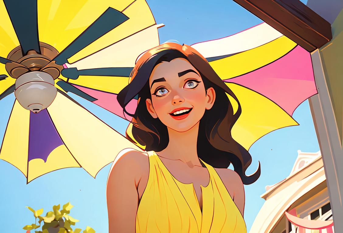 A joyful person with flowing hair, wearing a sundress, vintage fashion, outdoor patio setting with colorful ceiling fans..