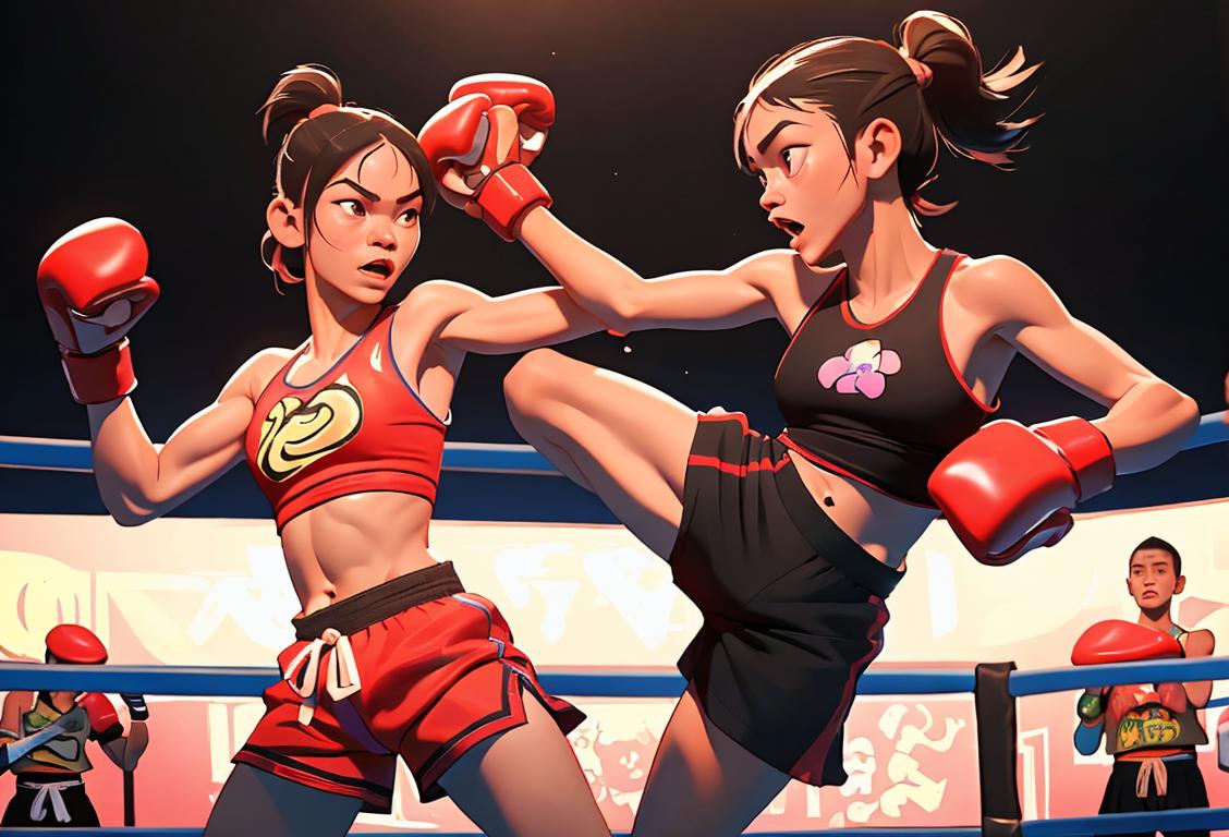 Two muay thai fighters in the middle of a match, wearing traditional Thai shorts, surrounded by cheering crowd in a vibrant stadium..