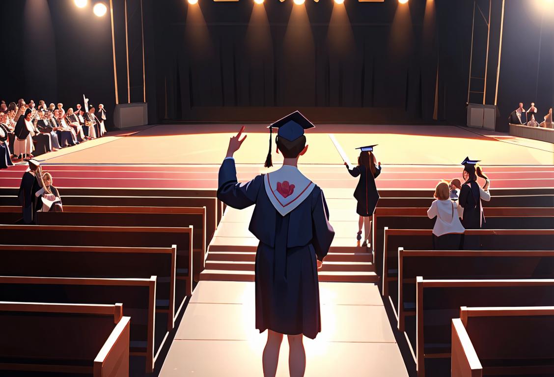 A young adult confidently standing on a graduation stage, wearing a cap and gown, surrounded by cheering friends and family..