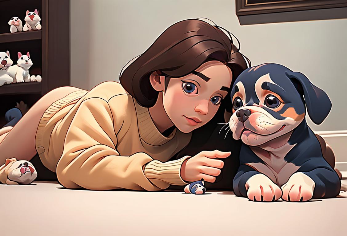 A family surrounded by adorable puppies in a cozy living room, wearing comfy sweaters, warm home feel, and playful puppy toys scattered around..