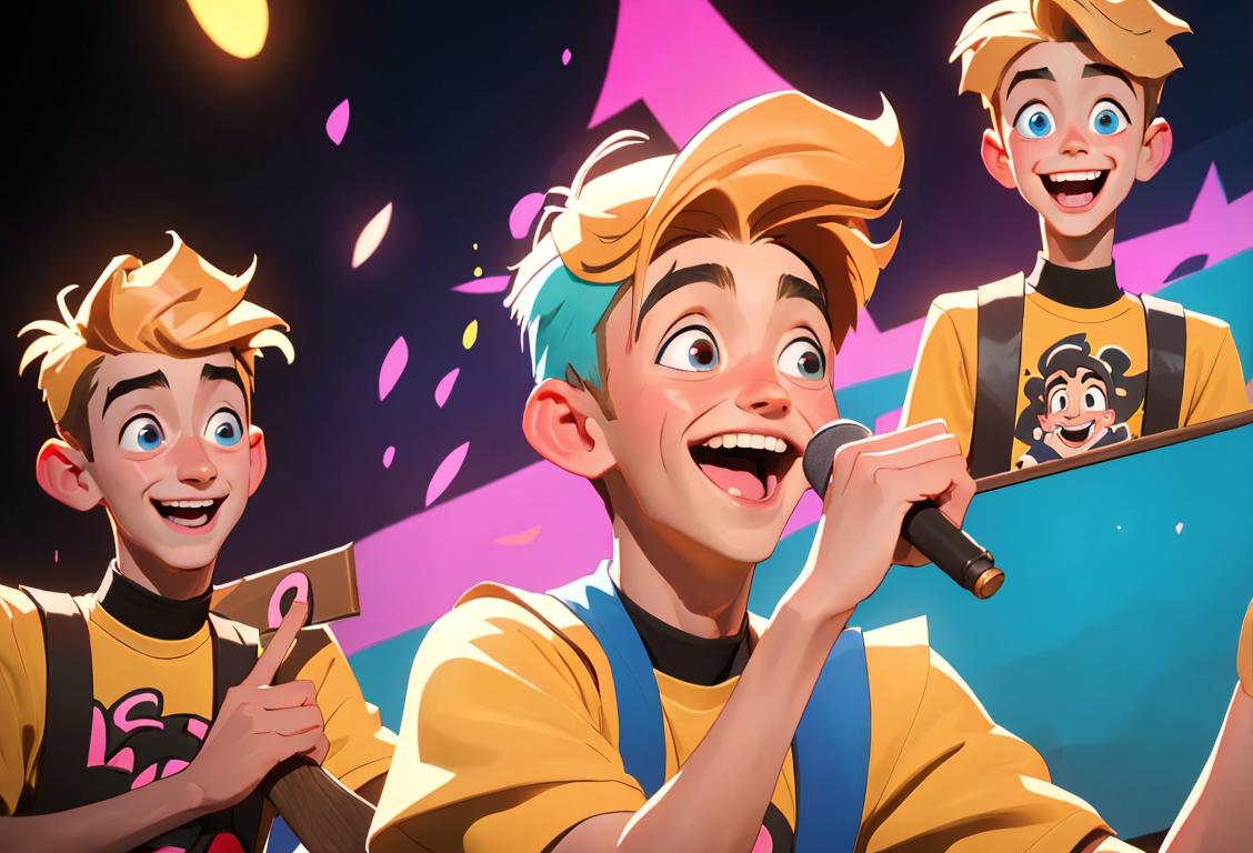 Young fans laughing and holding signs with Daniel Seavey's name, wearing colorful outfits, surrounded by a vibrant concert setting..