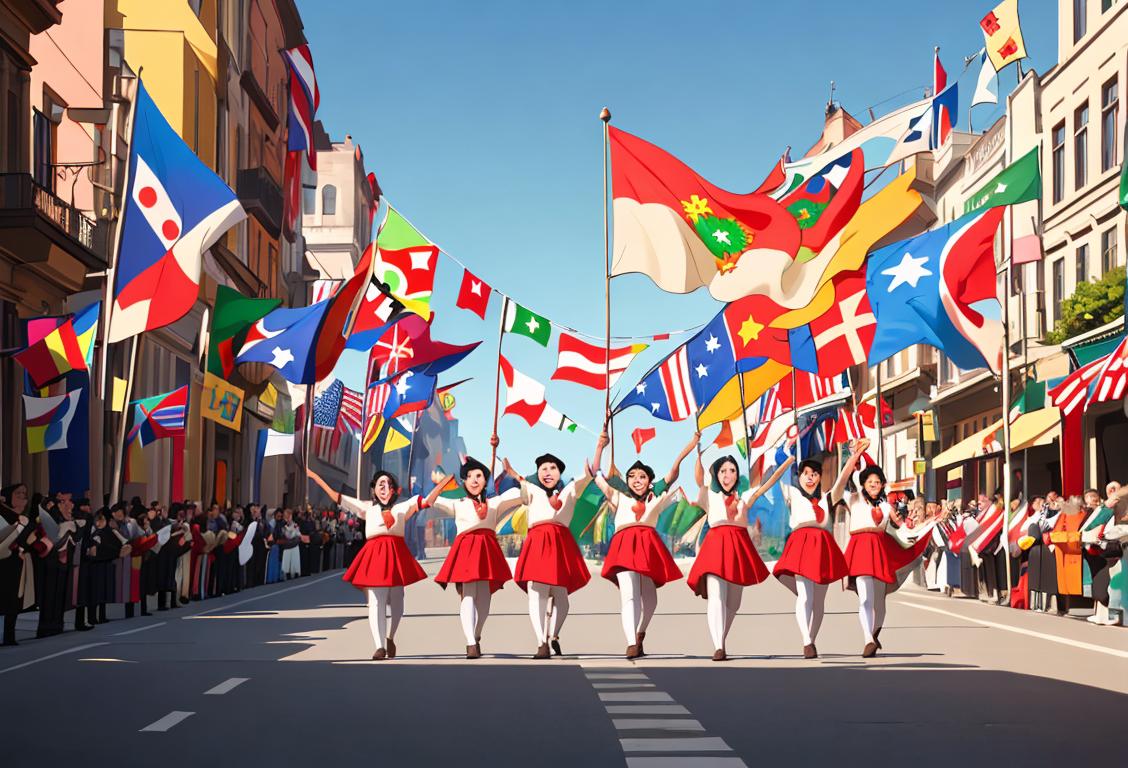 A diverse group of people holding and waving national flags in a bustling city, dressed in traditional attire from different countries, celebrating National Flag Day..