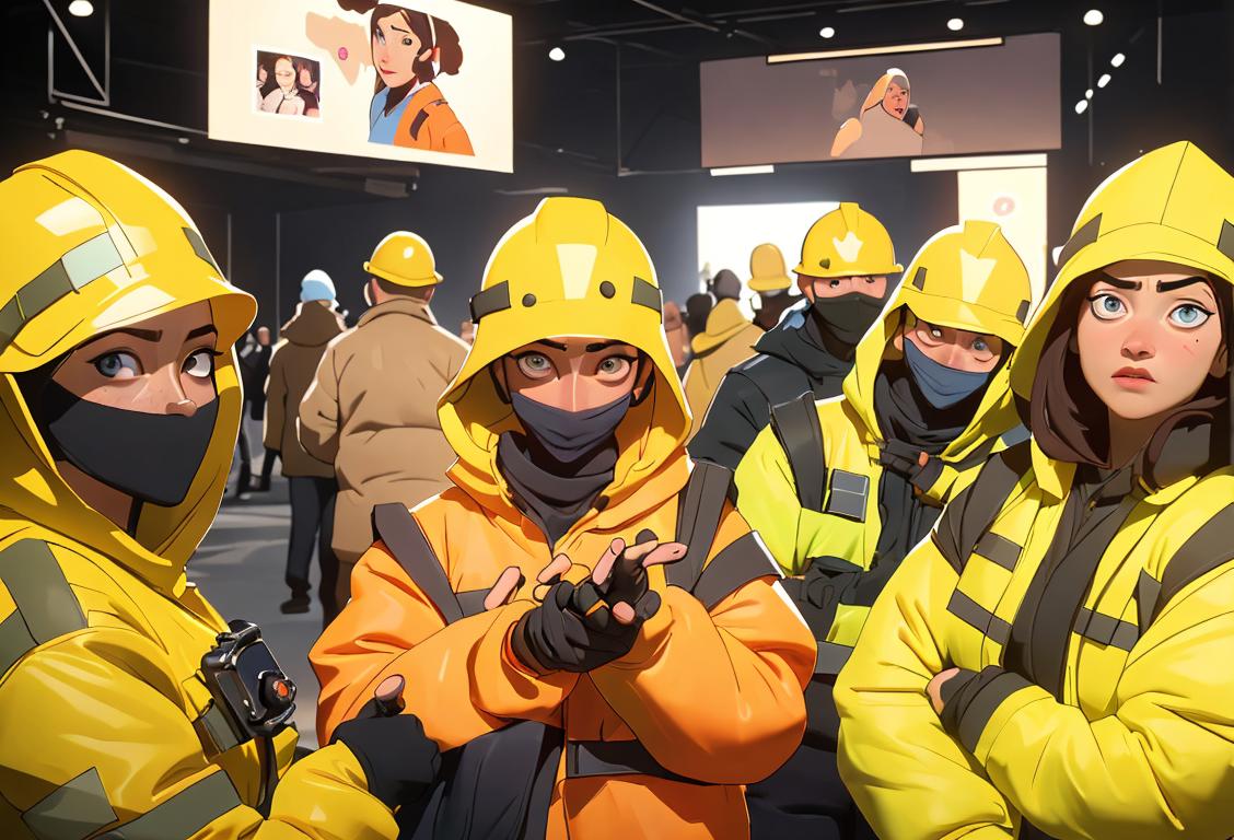 A diverse group of people engaged in various activities, wearing different clothing styles and surrounded by safety equipment, highlighting the importance of personal safety..
