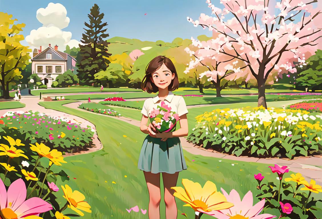 Young girl holding a National Trust gift card, surrounded by blooming flowers and a picturesque countryside backdrop..