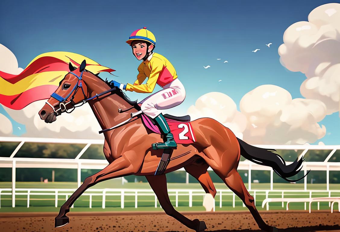 A jockey in colorful racing silks riding a majestic racehorse at a picturesque racetrack, surrounded by cheering spectators..