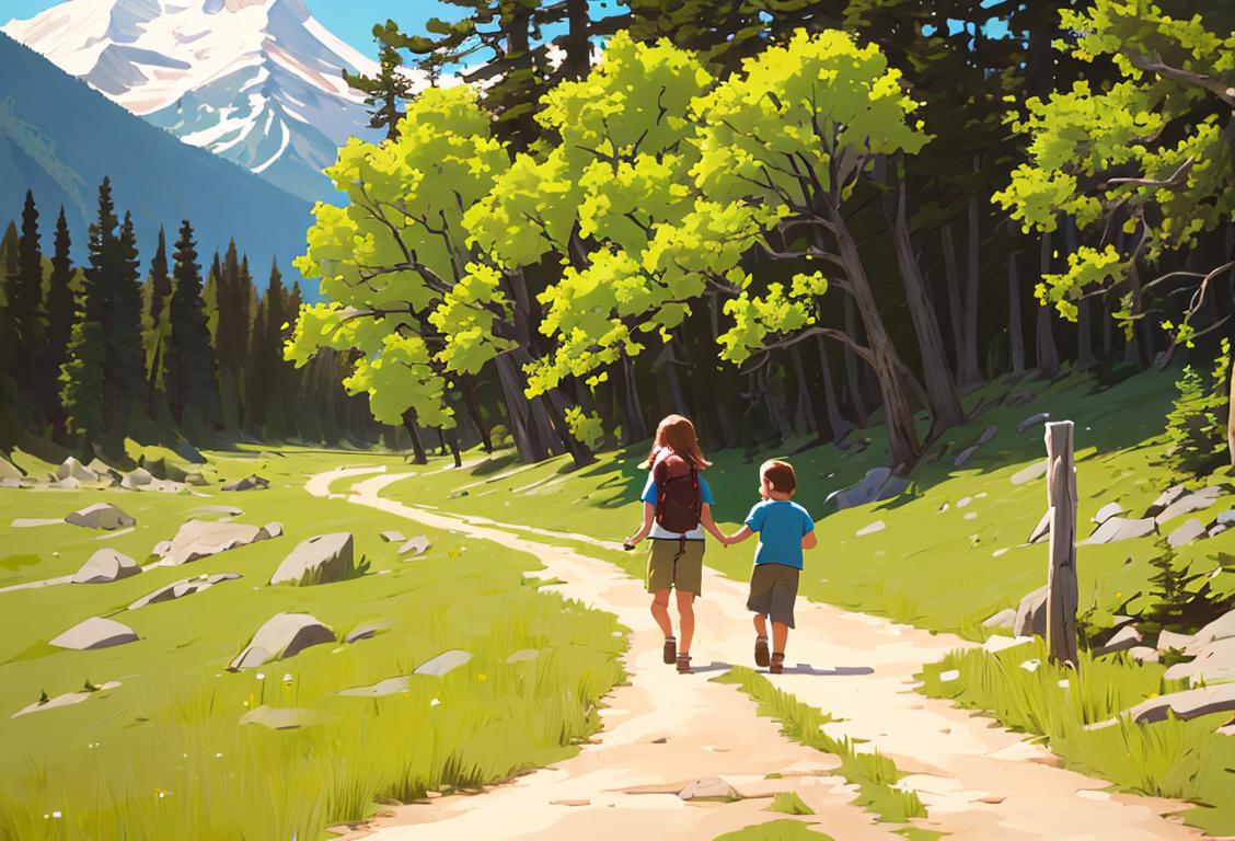 A family of hikers, wearing comfortable outdoor clothing, exploring a scenic trail in a national park, surrounded by nature's wonders..