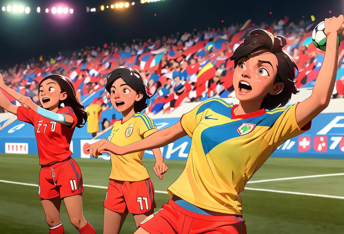 Group of diverse soccer players celebrating victory, wearing national team jerseys, colorful stadium filled with cheering fans..