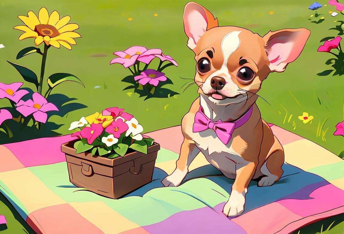 Adorable chihuahua wearing a colorful bowtie, sitting on a picnic blanket, surrounded by flowers and smiling friends..