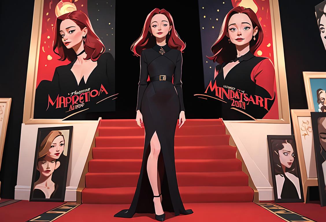 Miranda Otto in a glamorous red carpet outfit, surrounded by movie posters, showcasing her diverse range in different genres..