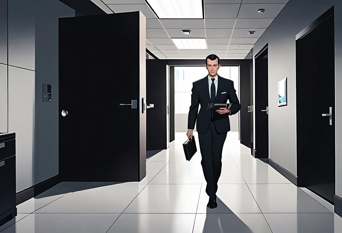 Young man in a suit, holding a briefcase, walking confidently in a high-tech security facility, with surveillance cameras and security guards..
